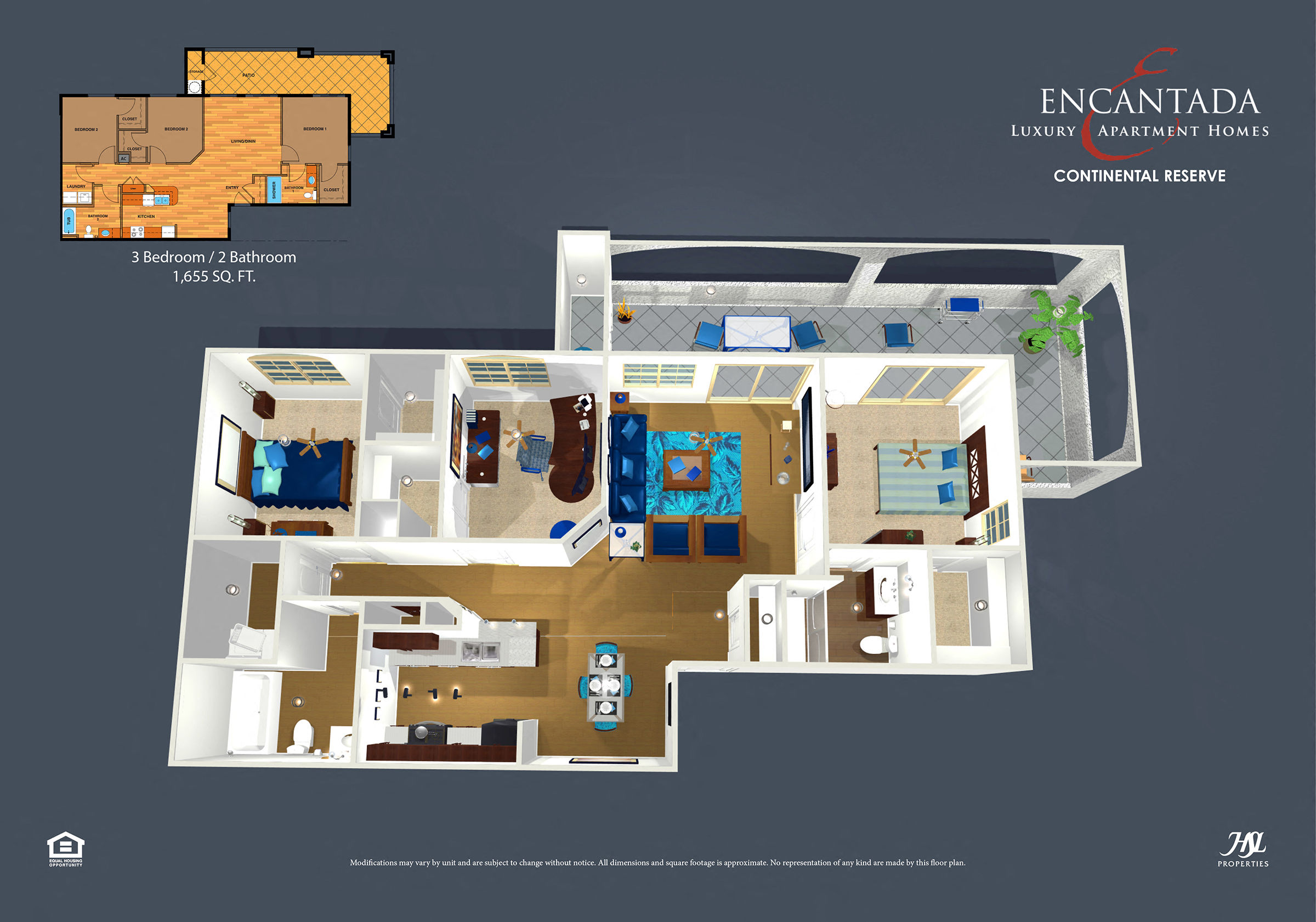 Floor plan for 3 beds, 2 baths, 1655 sqft